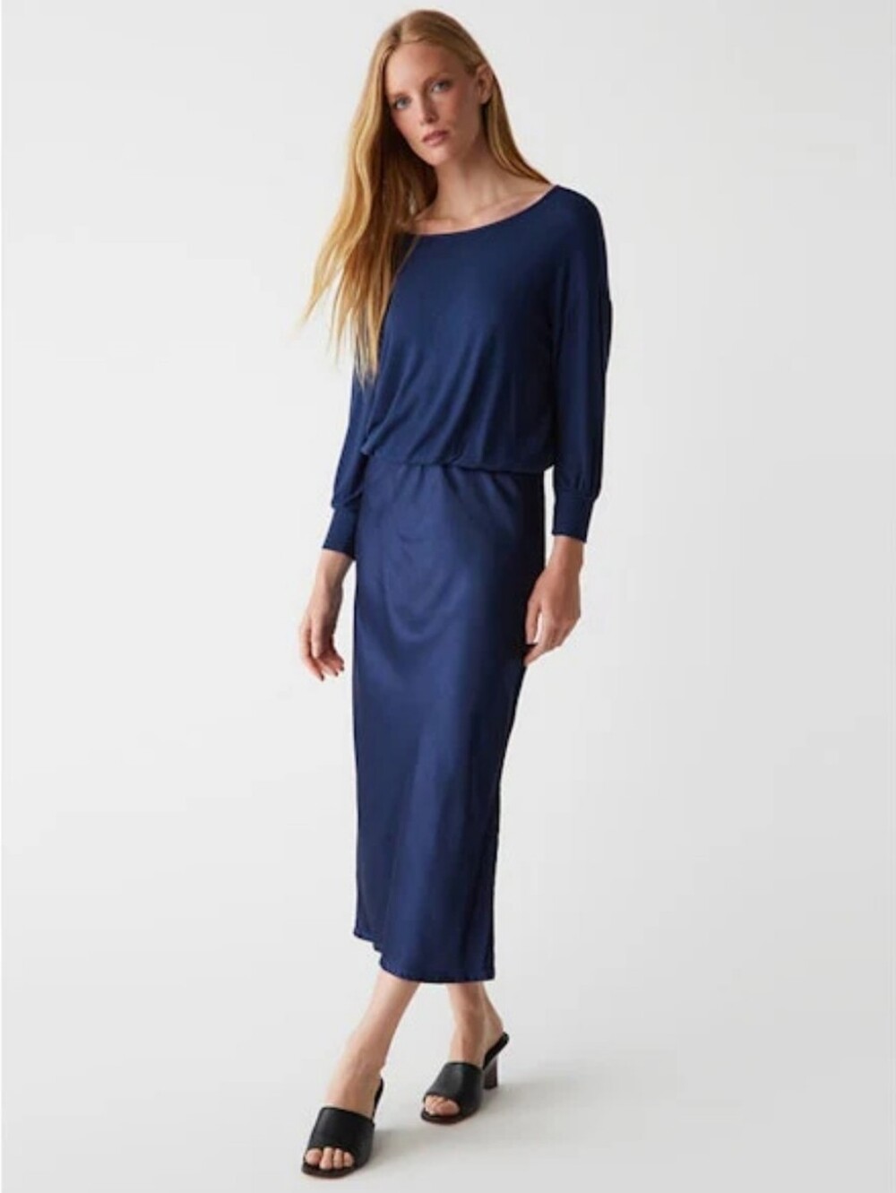 New!Navy Satin Nadia Two-In-One Midi Dress Michael Stars Y2K Cottagecore Retro